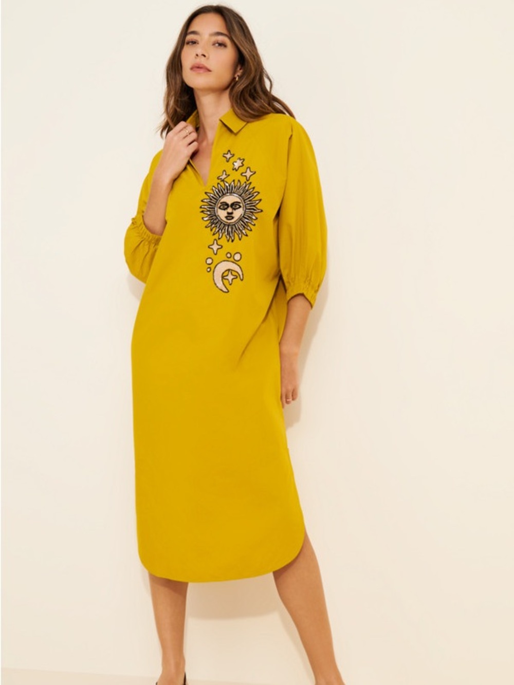 Anthropologie Dhruv Kapoor Collared Batwing Midi Dress Beaded Sun Moon Star Boho - Picture 8 of 9